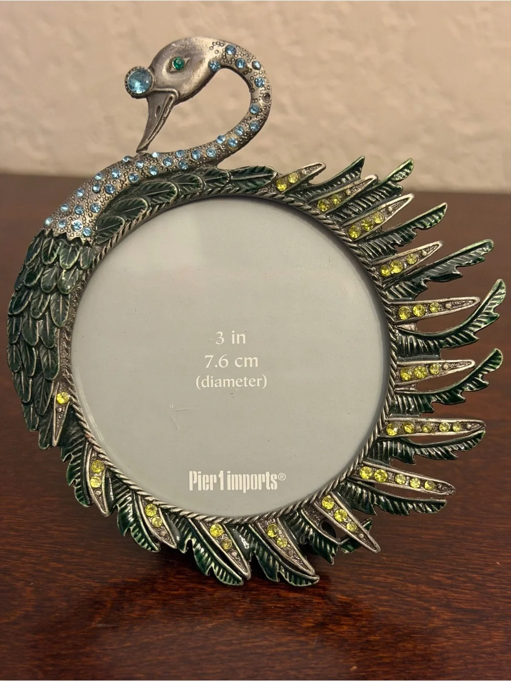 Pier 1 Imports Miniature Picture Frame Jeweled Swan 3” Round Metal And Enamel